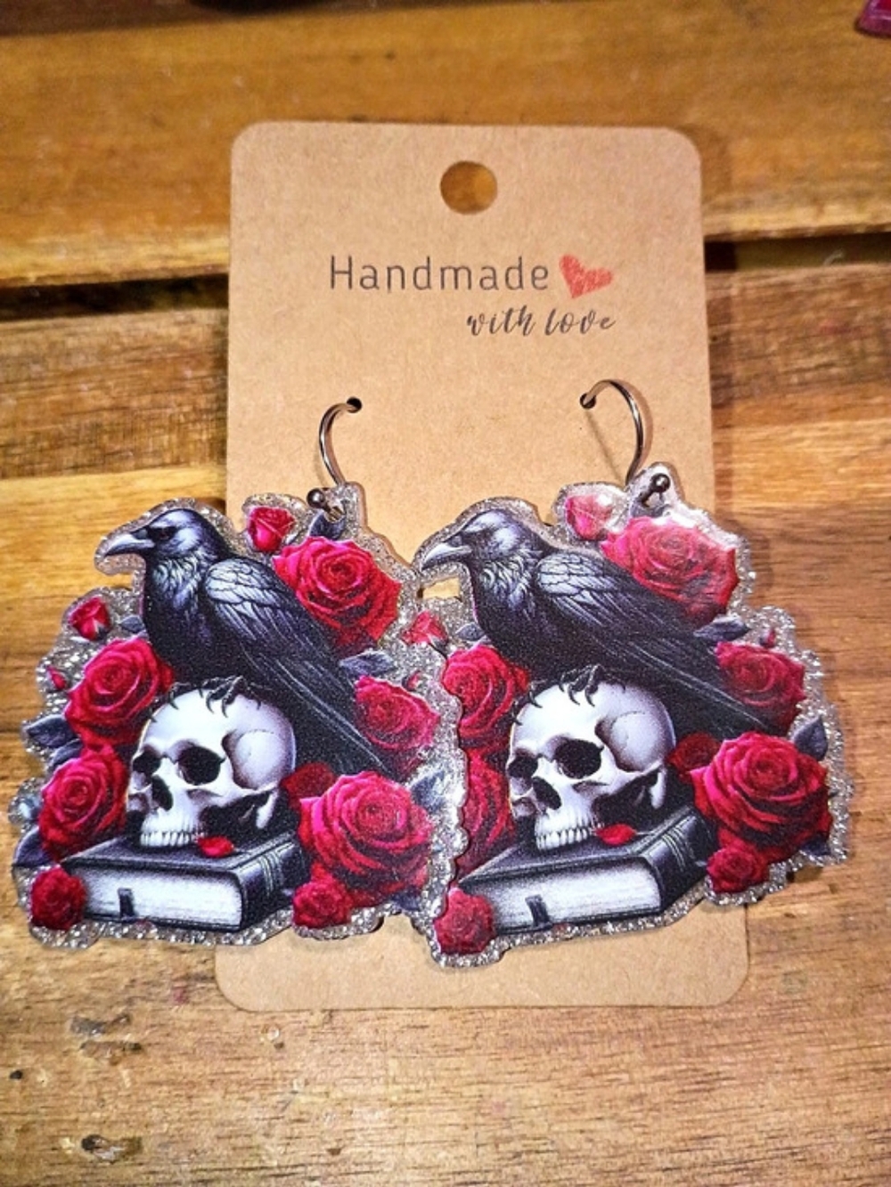 Silver Glitter Gothic Raven Skull Rose Floral Fashion Earrings